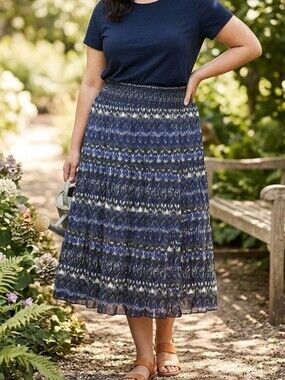 Jessica Blue White Boho Maxi Skirt Size 1X Smocked Waist 100% Cotton